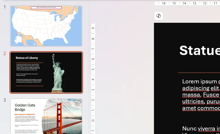 Giao diện PowerPoint hiển thị ngăn hình thu nhỏ, bao gồm slide tổng quan bản đồ Mỹ và các slide chi tiết thông tin địa danh, chuẩn bị cho hiệu ứng zoom.