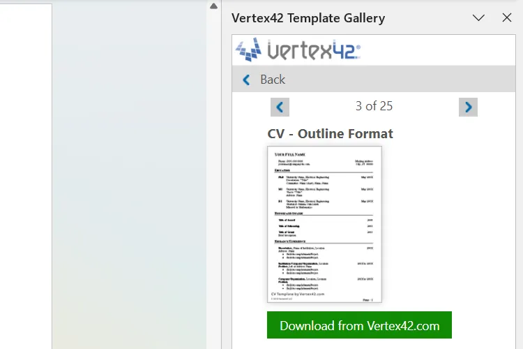 Giao diện thư viện mẫu Vertex42 Template Gallery add-in cho Microsoft Word hiển thị các loại mẫu tài liệu