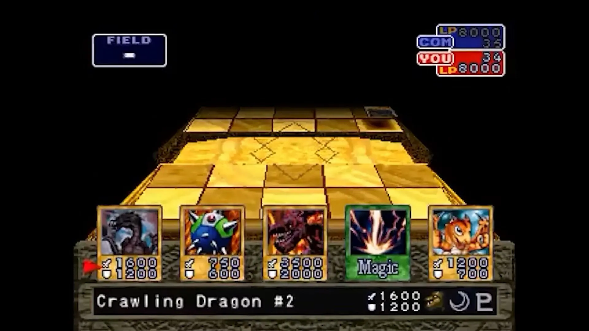 Giao diện trận đấu thẻ bài trong Yu-Gi-Oh! Forbidden Memories, minh họa lối chơi khác biệt