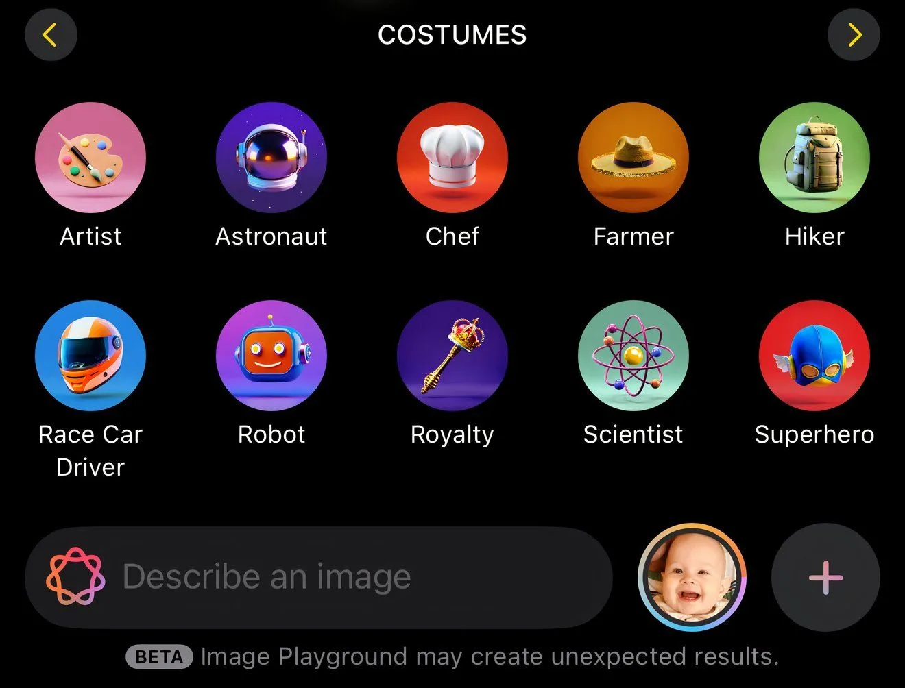Giao diện tùy chỉnh trang phục trong Image Playground trên iPhone, cho thấy các tùy chọn AI sinh ảnh của Apple.