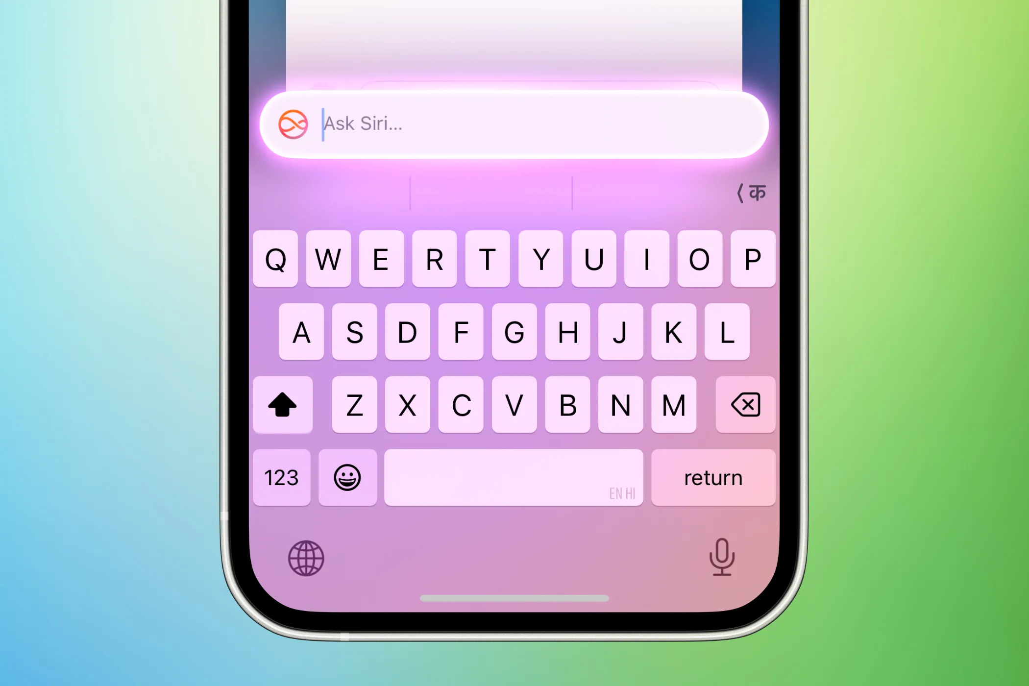 Giao diện Type to Siri trên iPhone 16 với nền gradient xanh lá cây-xanh dương, cho phép nhập văn bản để tương tác với trợ lý AI.