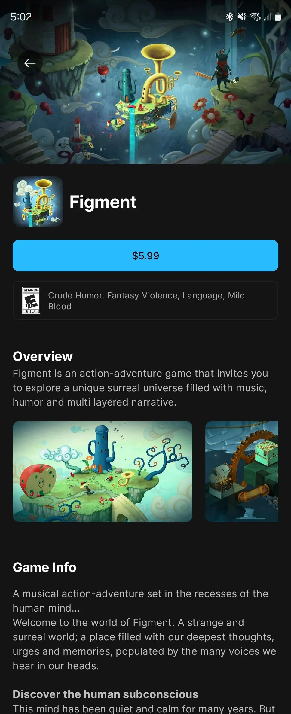 Giao diện ứng dụng Epic Games Store trên Android hiển thị tựa game Figment mobile, nổi bật khả năng đề xuất game chất lượng