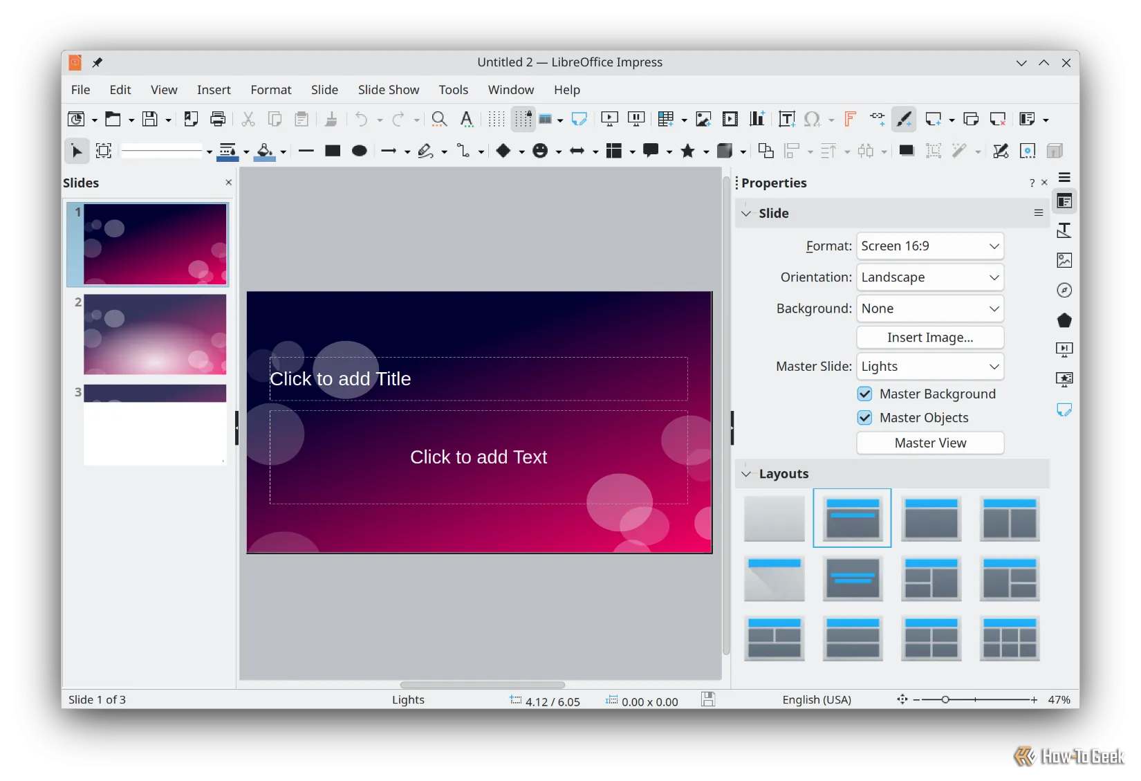 Giao diện ứng dụng LibreOffice Impress, phần mềm tạo bản trình chiếu tương đương PowerPoint, đang chạy trên Kubuntu.