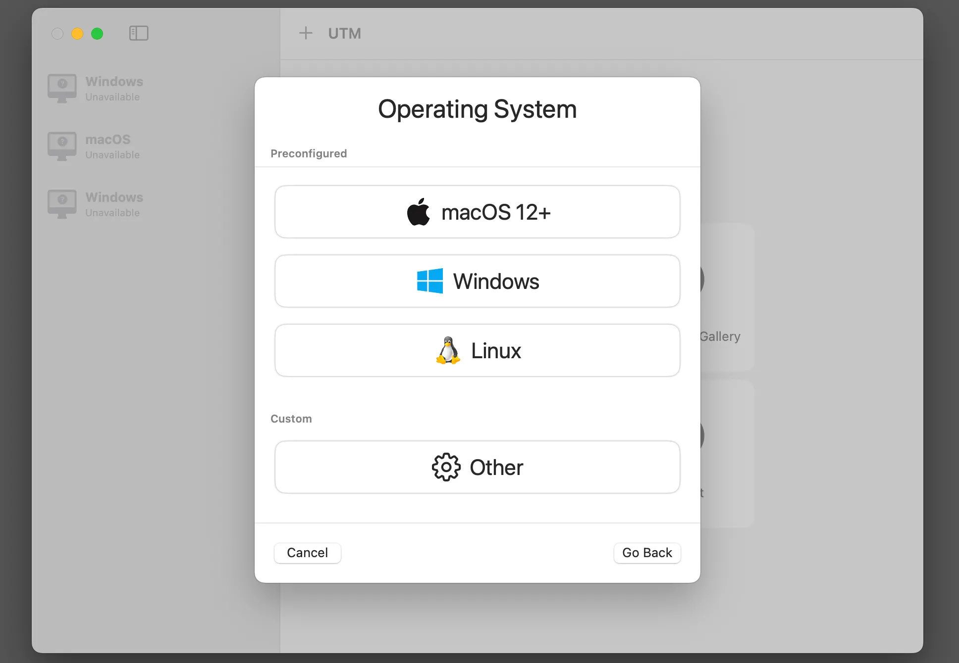 Giao diện ứng dụng UTM trên macOS, hiển thị danh sách các máy ảo đã tạo và tùy chọn để tạo máy ảo mới.
