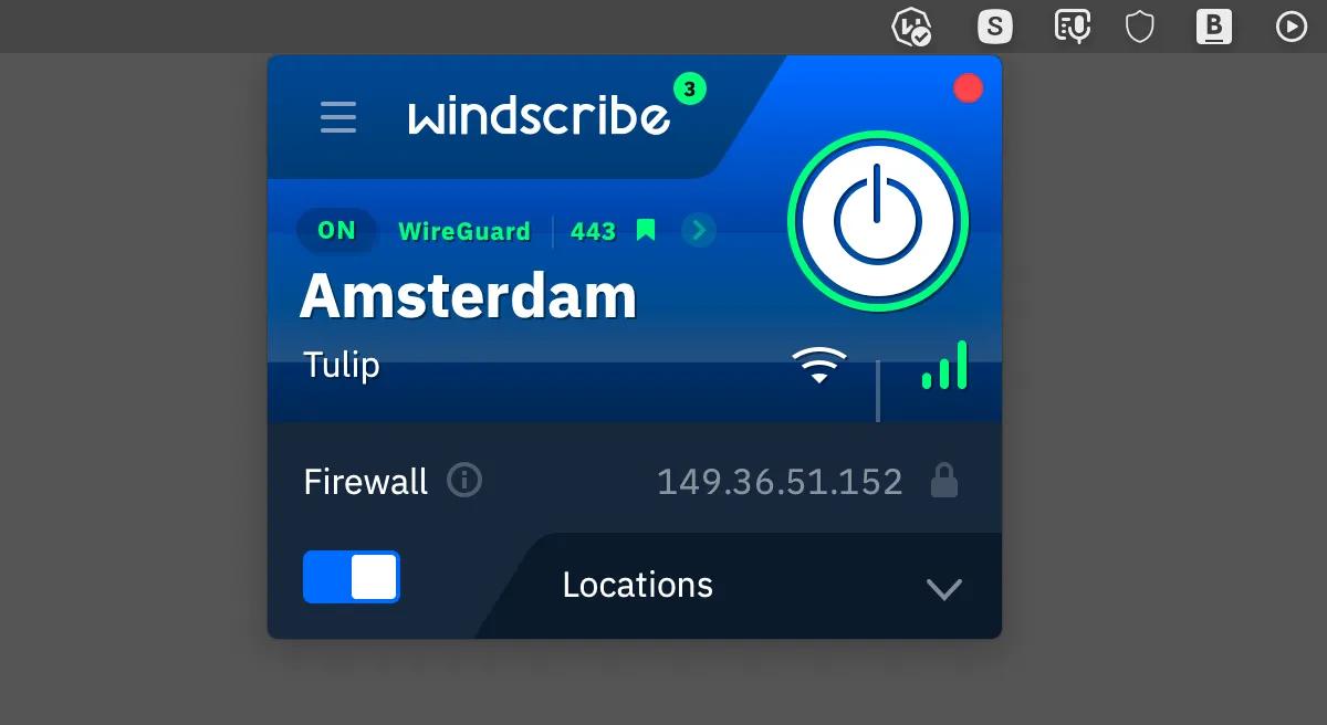 Giao diện ứng dụng Windscribe trên macOS, hiển thị bản đồ các vị trí máy chủ VPN và trạng thái kết nối.