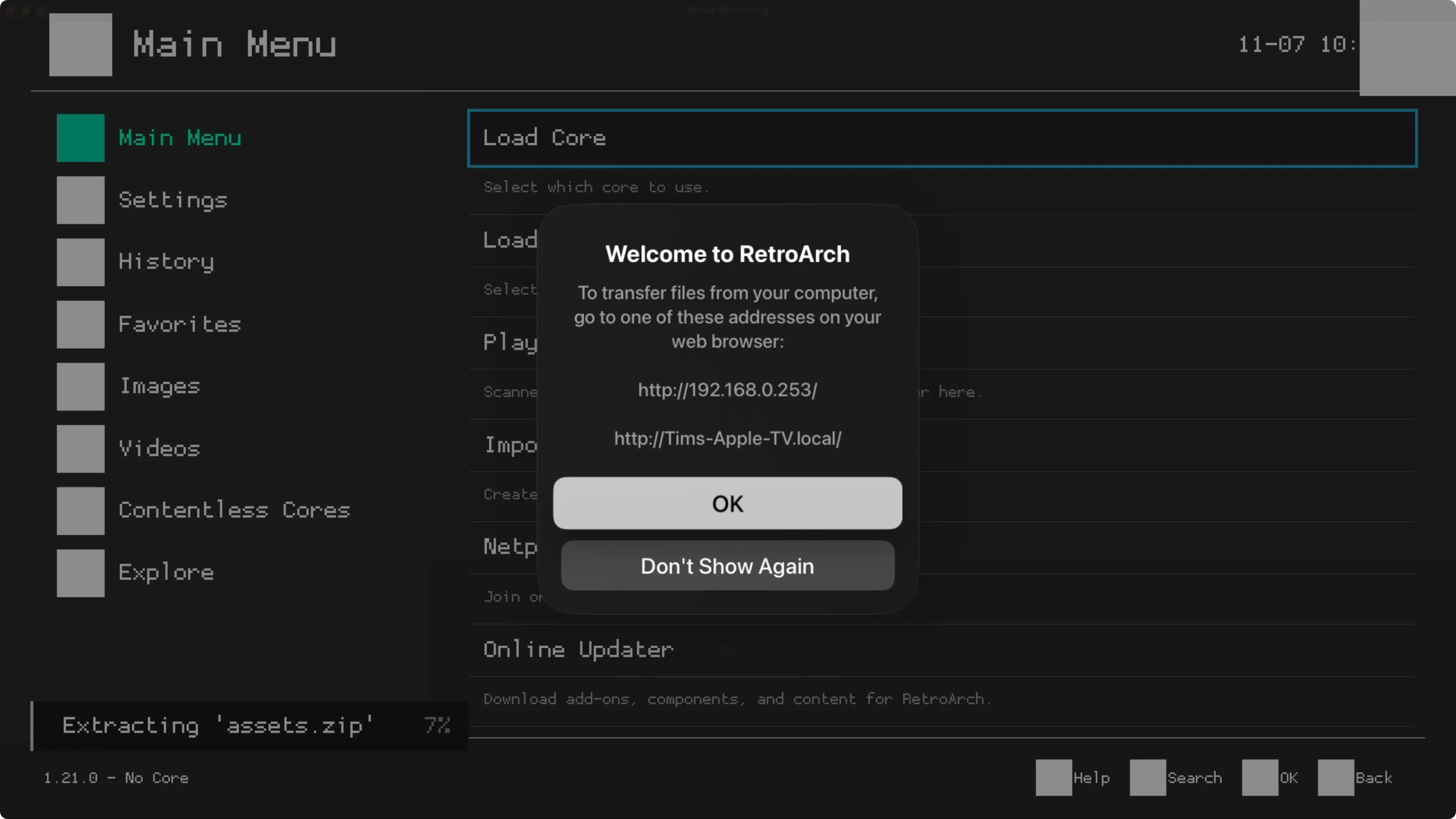 Giao diện web của RetroArch trên trình duyệt, hướng dẫn cách chuyển tập tin ROM và BIOS vào Apple TV