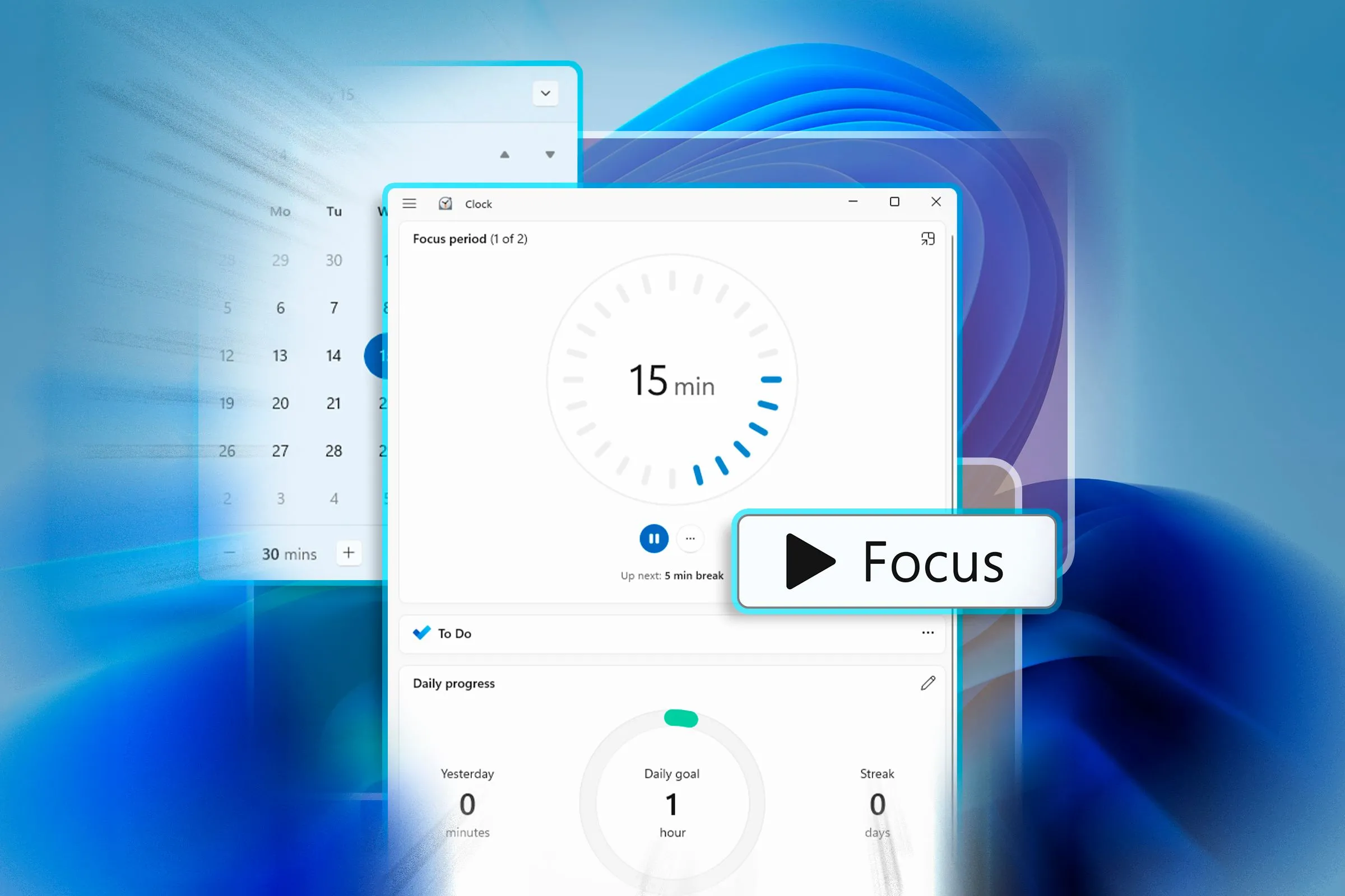 Giao diện Windows 11 hiển thị ứng dụng Đồng hồ ở chế độ Focus Session với đồng hồ Pomodoro.