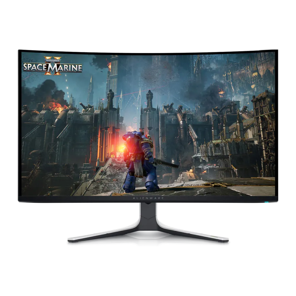 Góc nhìn khác của màn hình cong Alienware AW3225QF, làm nổi bật đường cong 1700R và chân đế vững chắc.