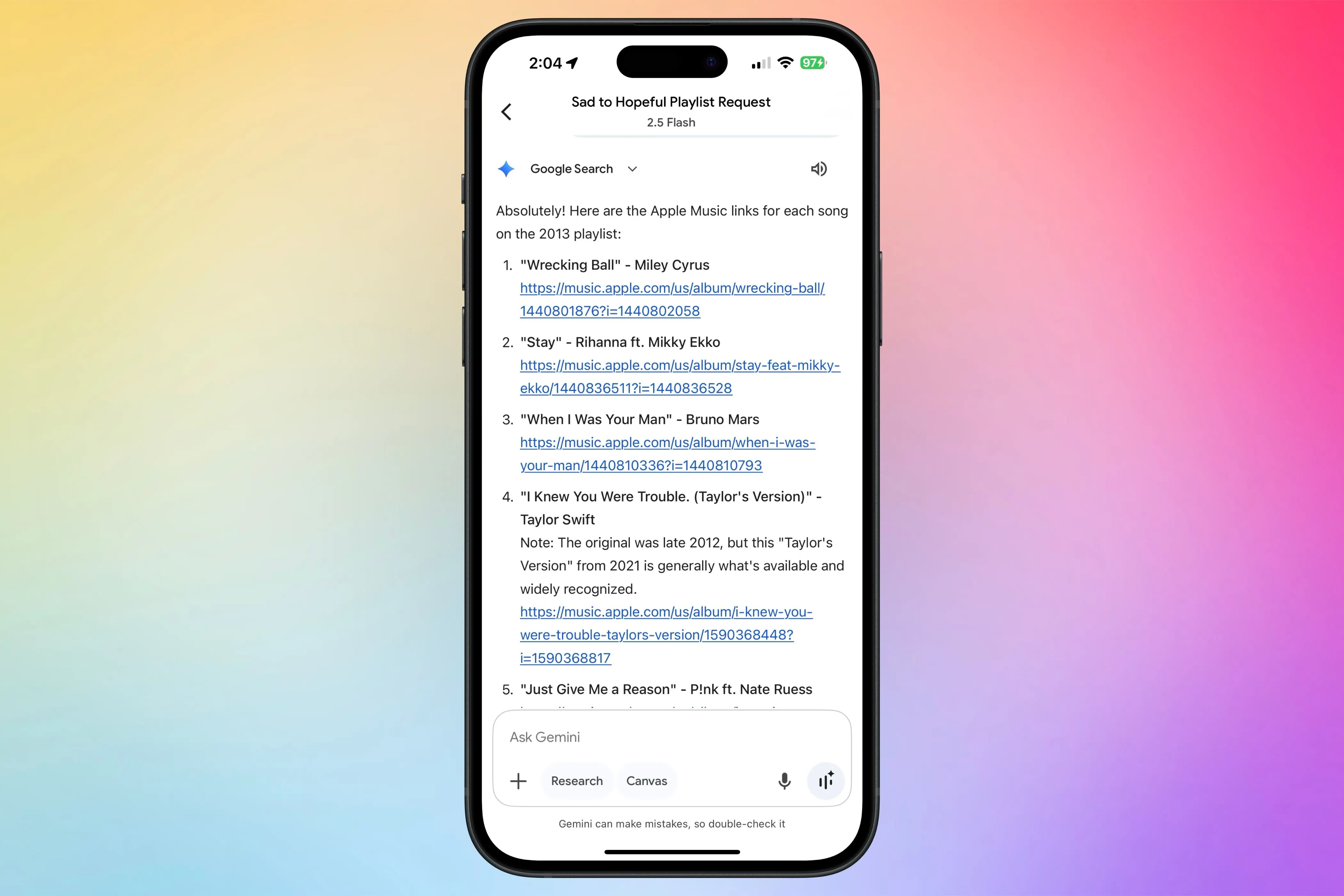 Google Gemini hỗ trợ tạo playlist và cung cấp liên kết đến Apple Music.
