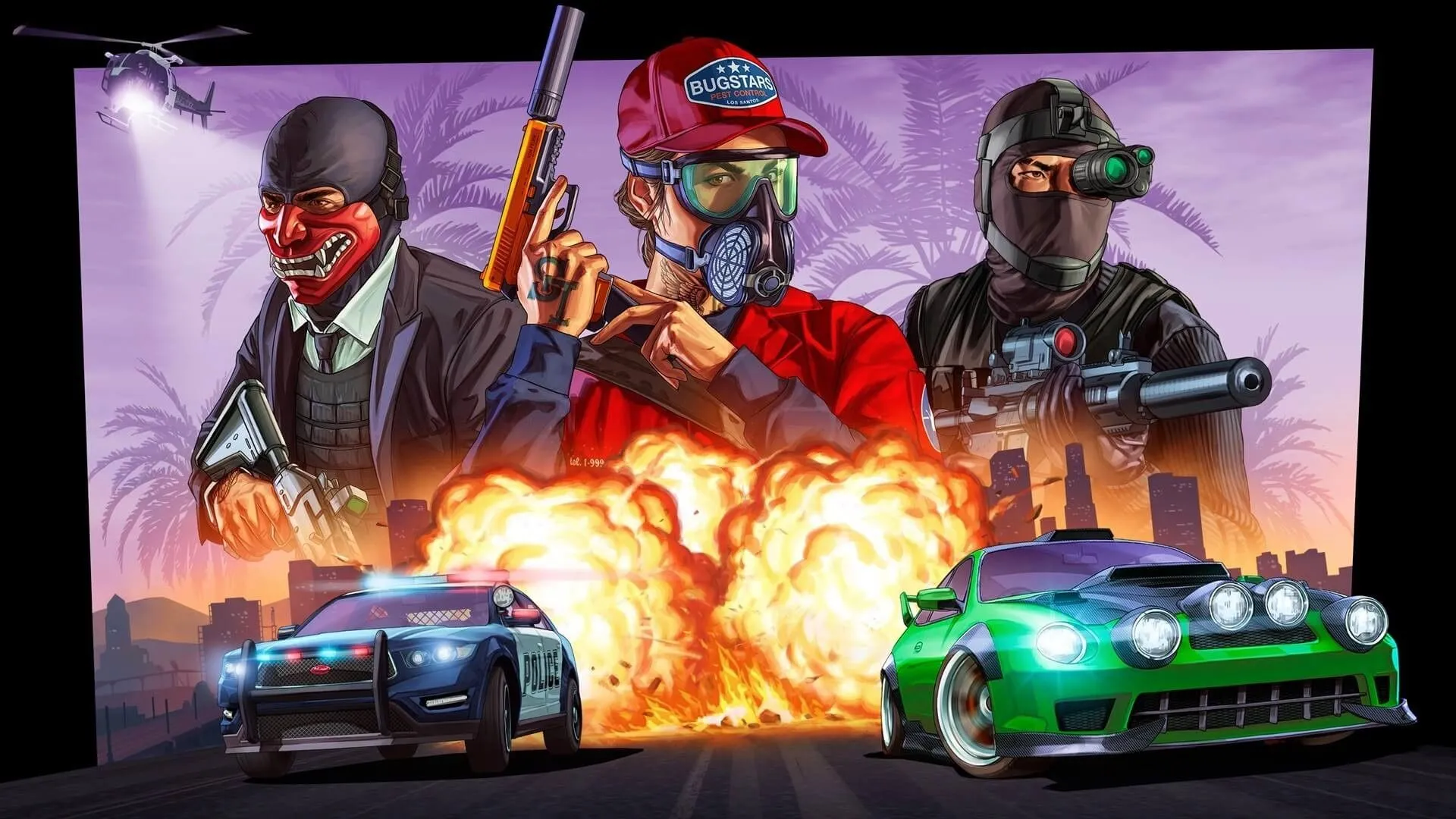 GTA Online với mọi người ở hậu cảnh phía trước các vụ nổ và ô tô chạy trốn khỏi chúng.