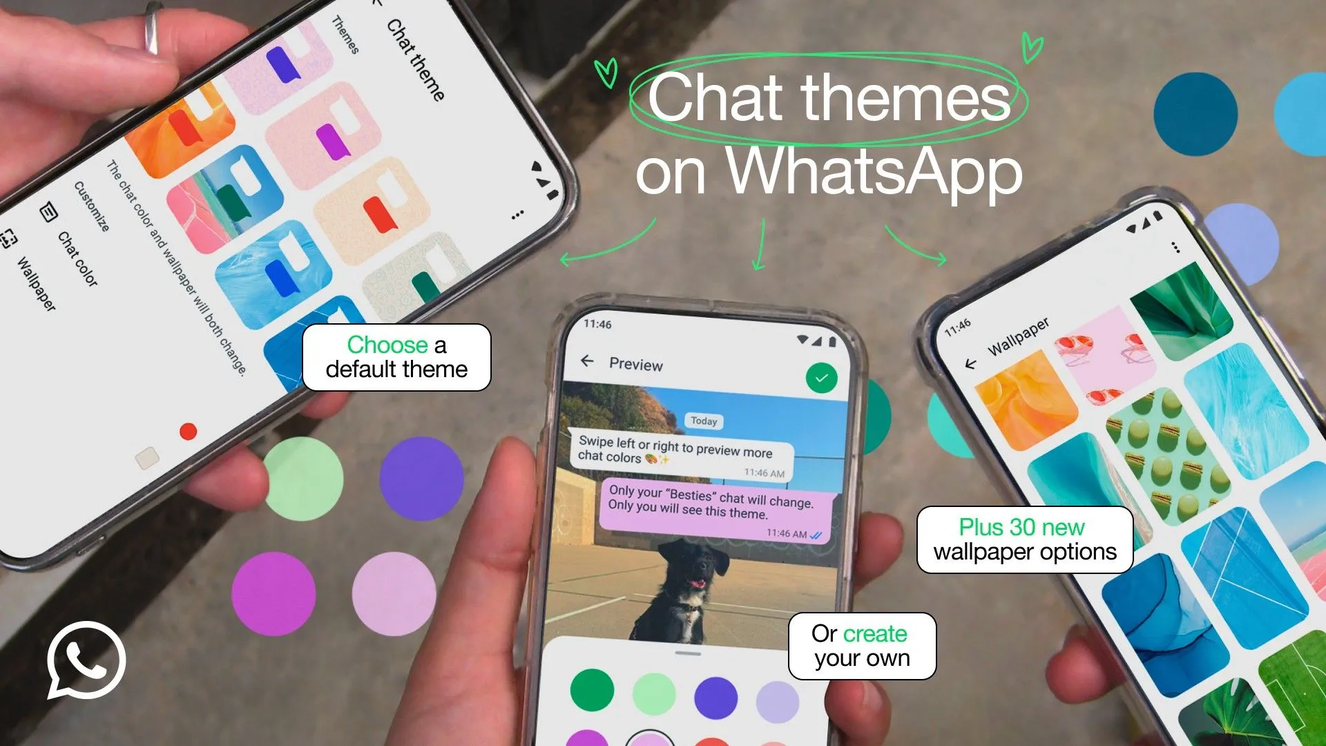 Hai điện thoại hiển thị giao diện WhatsApp với các chủ đề trò chuyện khác nhau