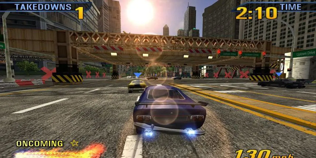 Hậu quả của một vụ va chạm lớn, xe biến dạng trong Burnout 3: Takedown.