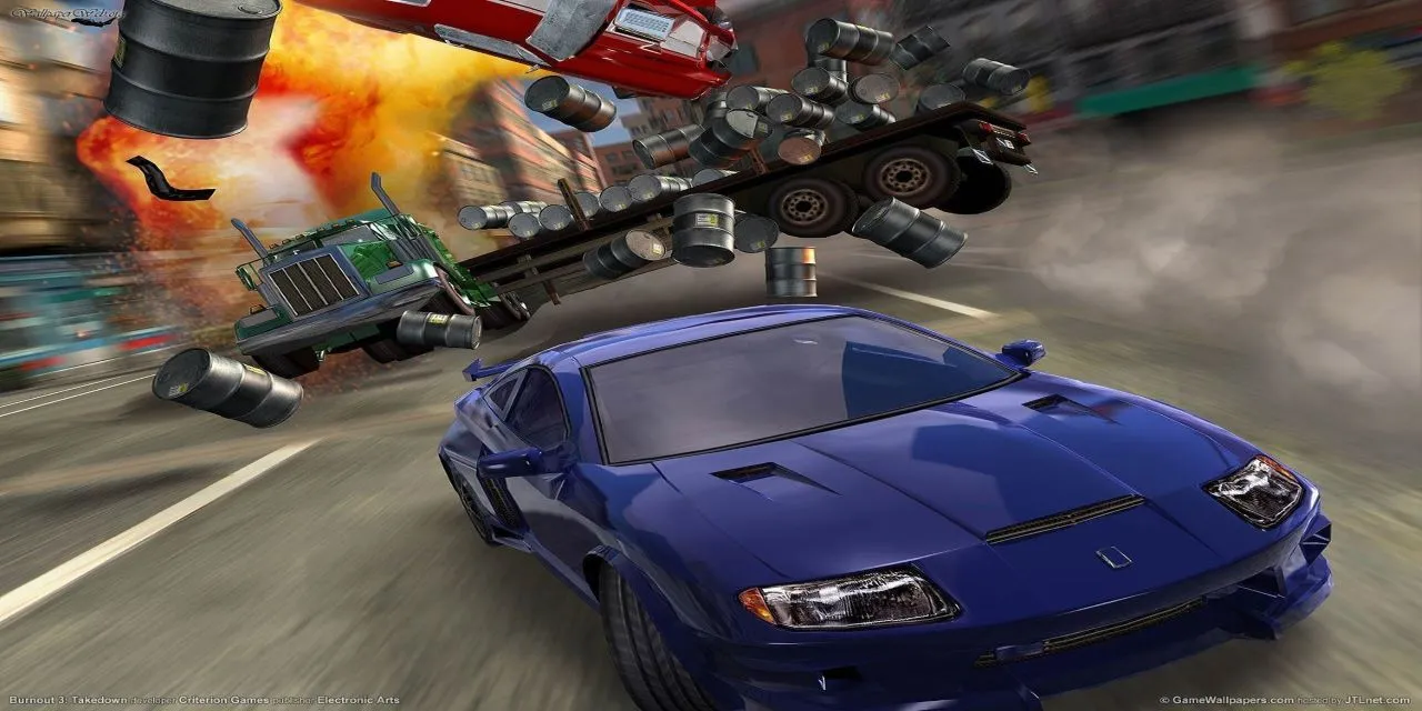 Hiệu ứng phá hủy và khói lửa từ một vụ tai nạn xe trong Burnout 3: Takedown.