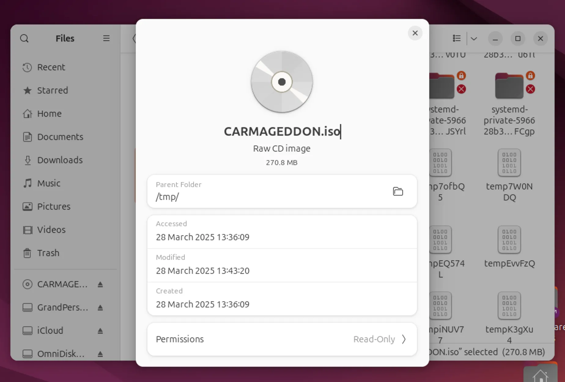 Hình ảnh file ISO đã được tạo thành công hiển thị trong trình quản lý tệp của Ubuntu Linux.