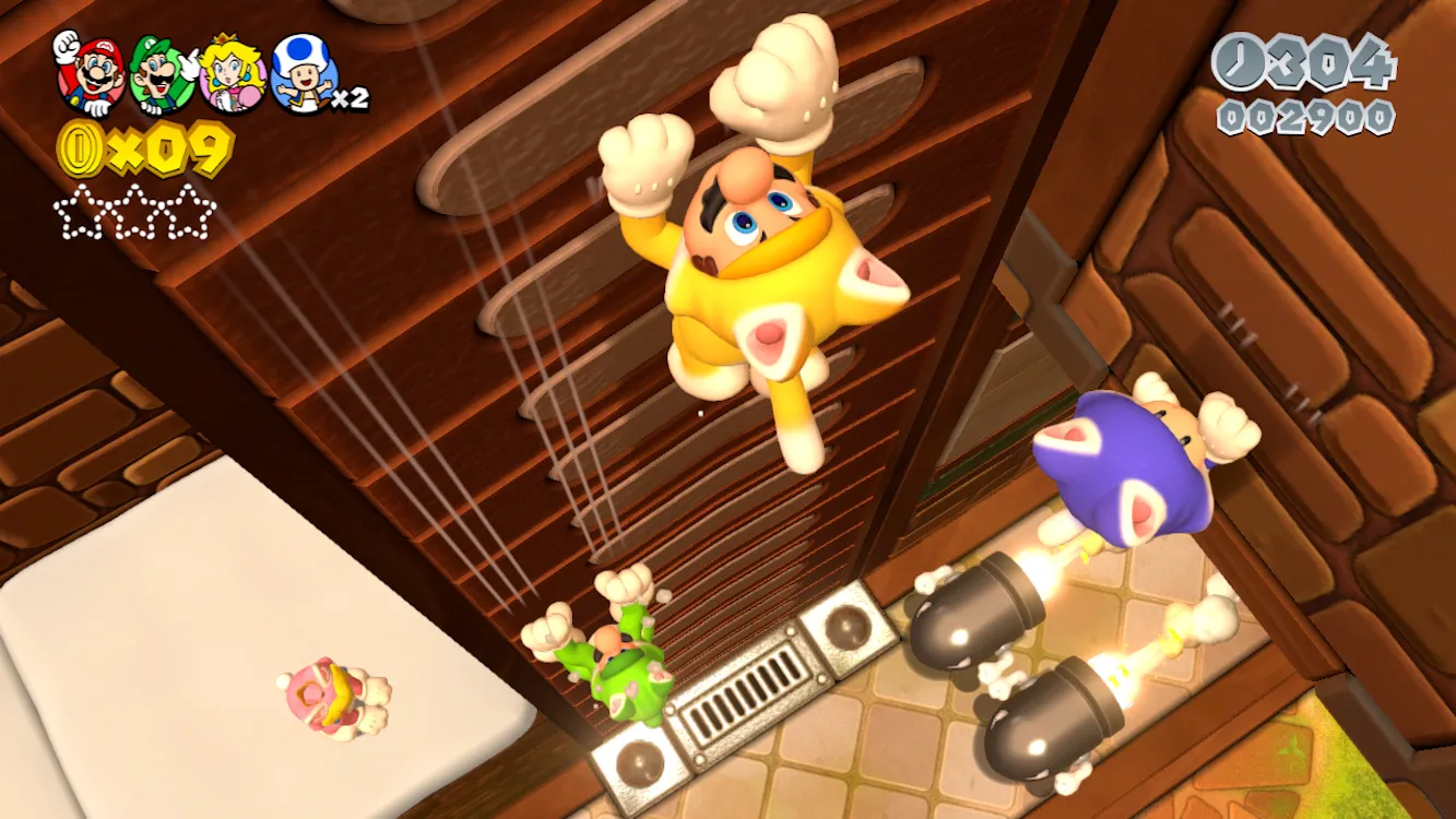 Hình ảnh Mario trong bộ trang phục mèo đang di chuyển trong Super Mario 3D World trên Wii U, biểu tượng của lối chơi co-op và sáng tạo.