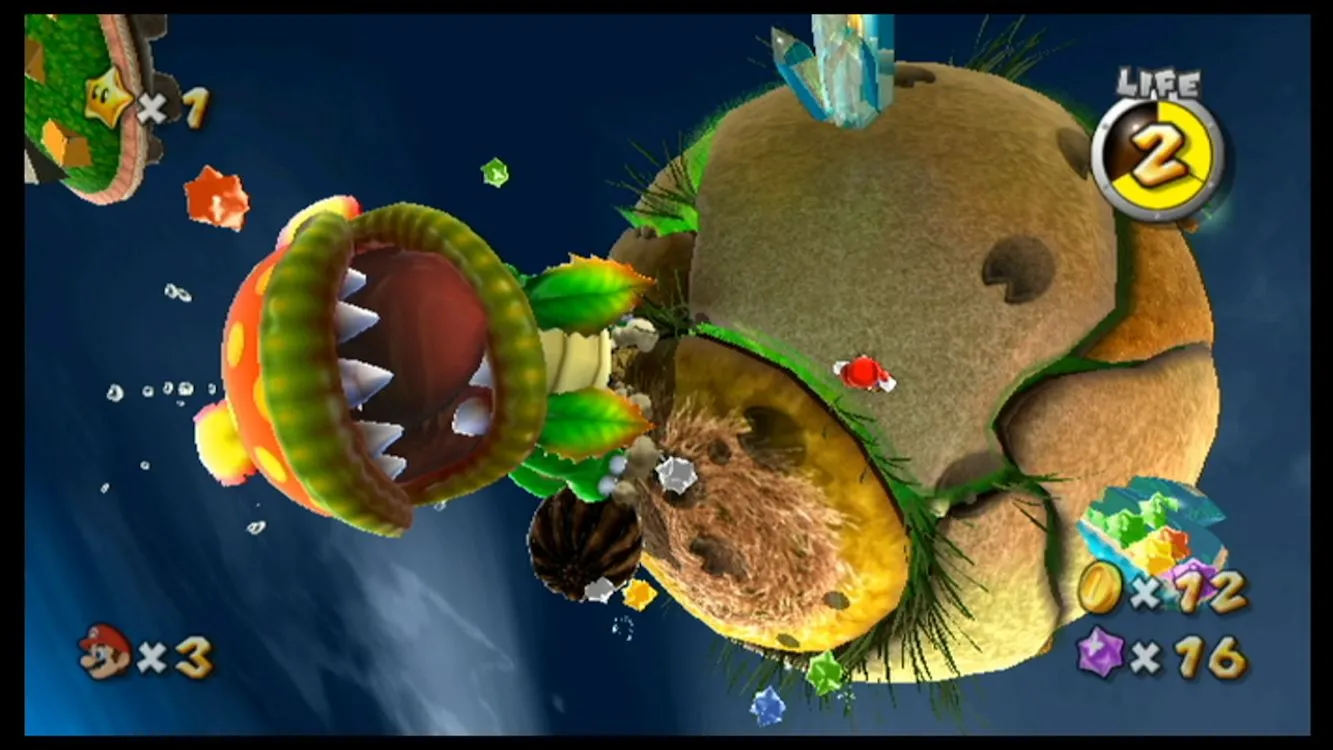 Hình ảnh Mario trong môi trường không gian rộng lớn của Super Mario Galaxy trên Nintendo Wii, thể hiện cơ chế trọng lực đa hướng.