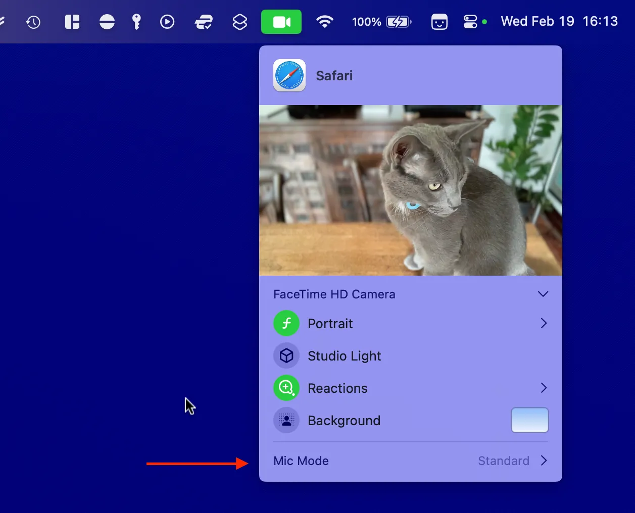 Hình ảnh minh họa một cuộc gọi webcam trên Mac với biểu tượng màu xanh lá cây trên thanh menu, cho thấy cài đặt chế độ micro Mac được tích hợp trong tùy chọn camera.