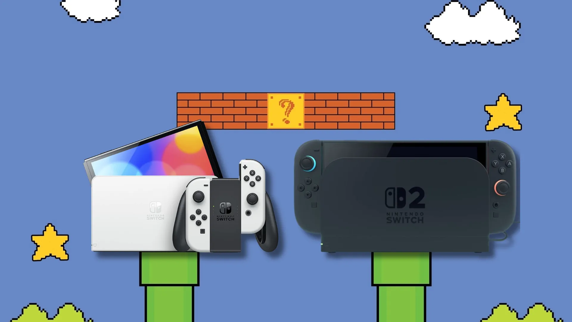Hình ảnh so sánh thiết kế giữa Nintendo Switch OLED và Nintendo Switch 2 trên nền Super Mario, nhấn mạnh sự khác biệt thế hệ console.