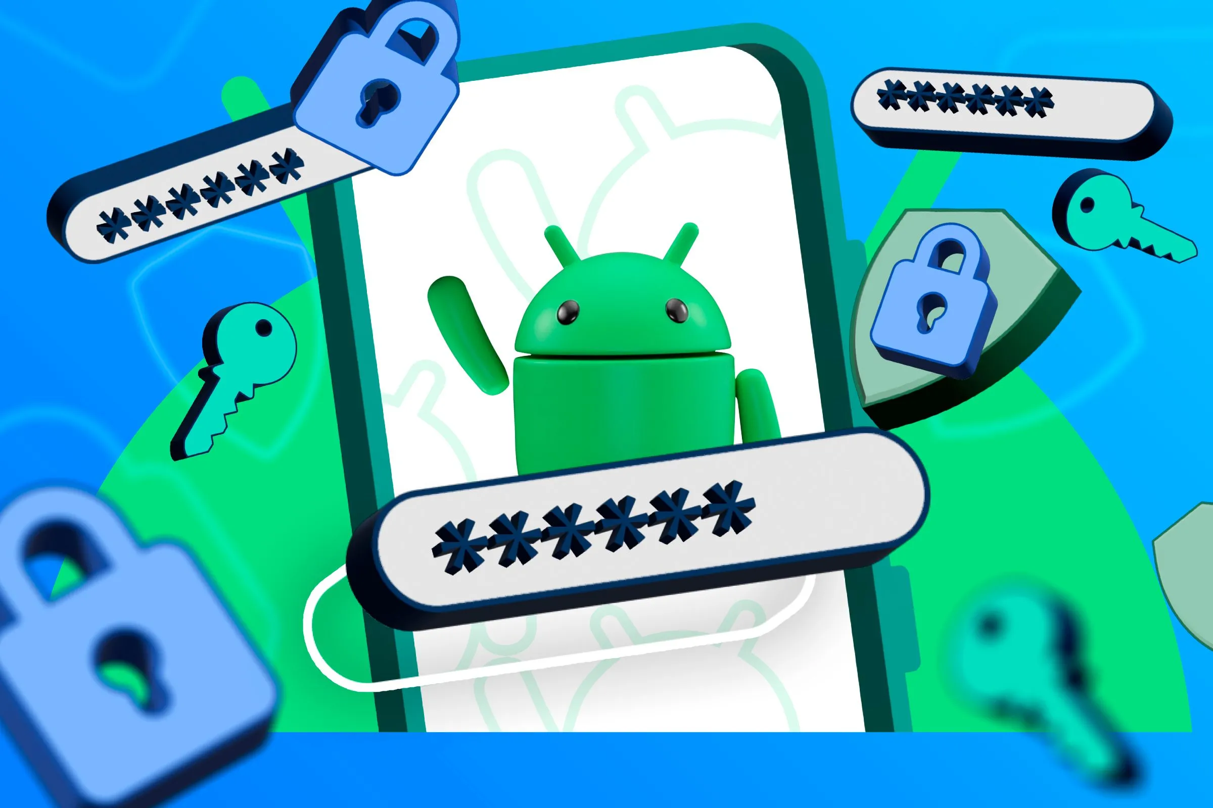 Hình minh họa điện thoại Android với các biểu tượng mật khẩu, khóa, ổ khóa và lá chắn, gợi ý các ứng dụng quản lý mật khẩu ngoại tuyến.