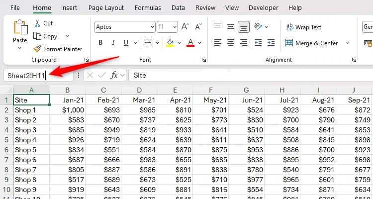Hộp tên Excel hiển thị tham chiếu trang tính và ô Sheet2!H11 đã nhập