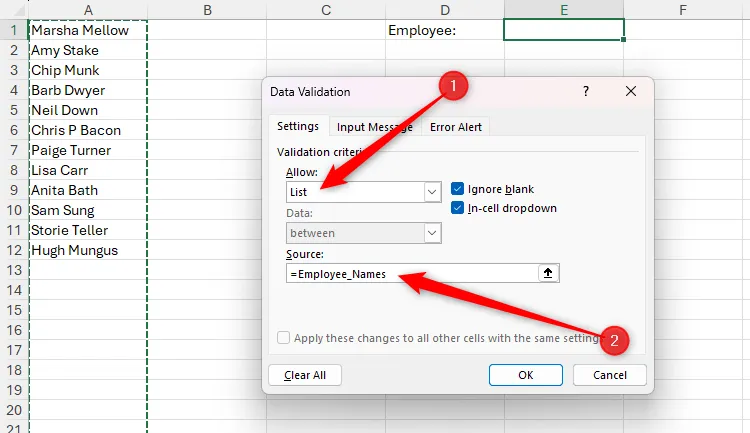 Hộp thoại Data Validation của Excel với tên vùng được chọn làm nguồn cho danh sách thả xuống