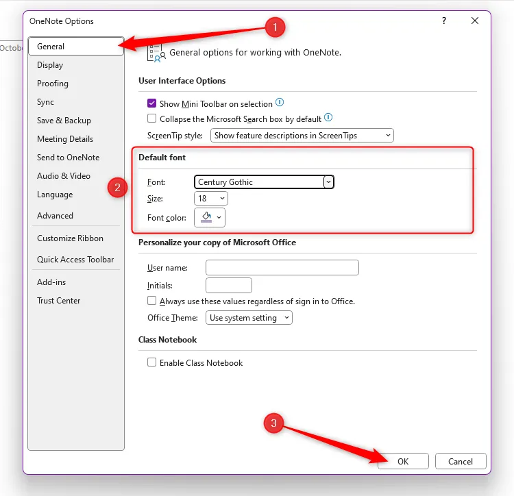 Hộp thoại OneNote Options, với tab General đã được mở, phần Default Font được tô sáng và nút OK đã được chọn