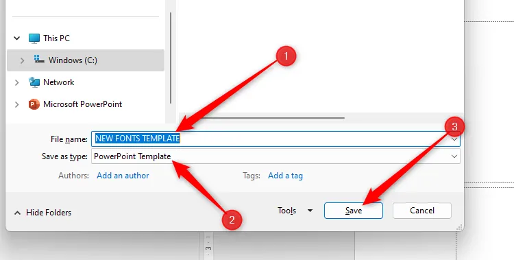 Hộp thoại Save As của PowerPoint với tên tệp đã thay đổi thành &quot;new fonts template&quot;, tùy chọn Save As Type đã thay đổi thành &quot;PowerPoint Template&quot;, và nút Save đã được chọn