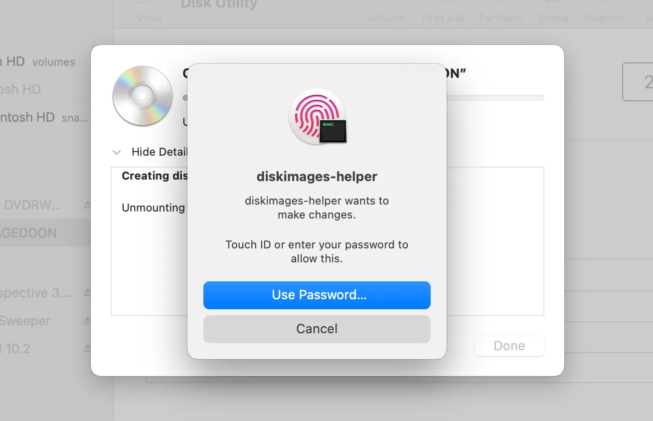 Hộp thoại xác nhận quyền trong Disk Utility trên macOS khi tạo ảnh đĩa.