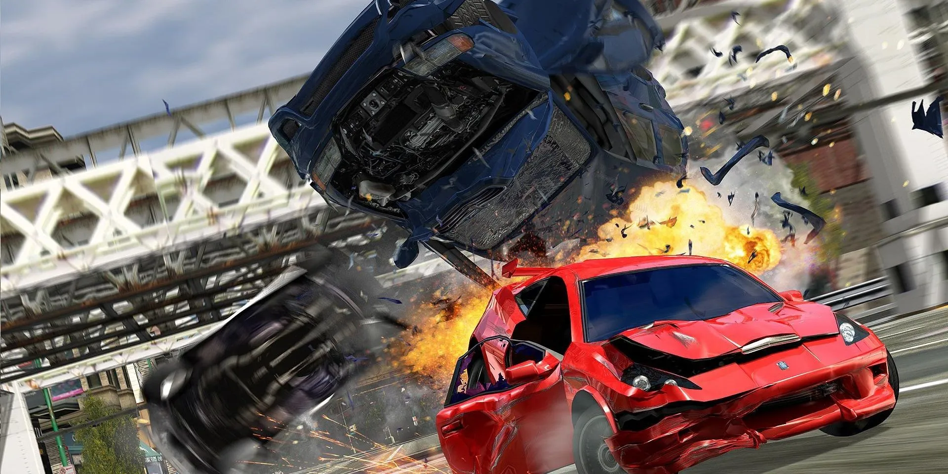 Khoảnh khắc một xe đua đang thực hiện pha &quot;takedown&quot; đối thủ trong Burnout 3.
