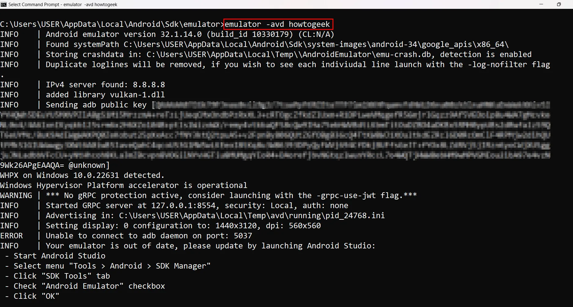 Khởi động thiết bị ảo Android Studio qua lệnh trong Command Prompt