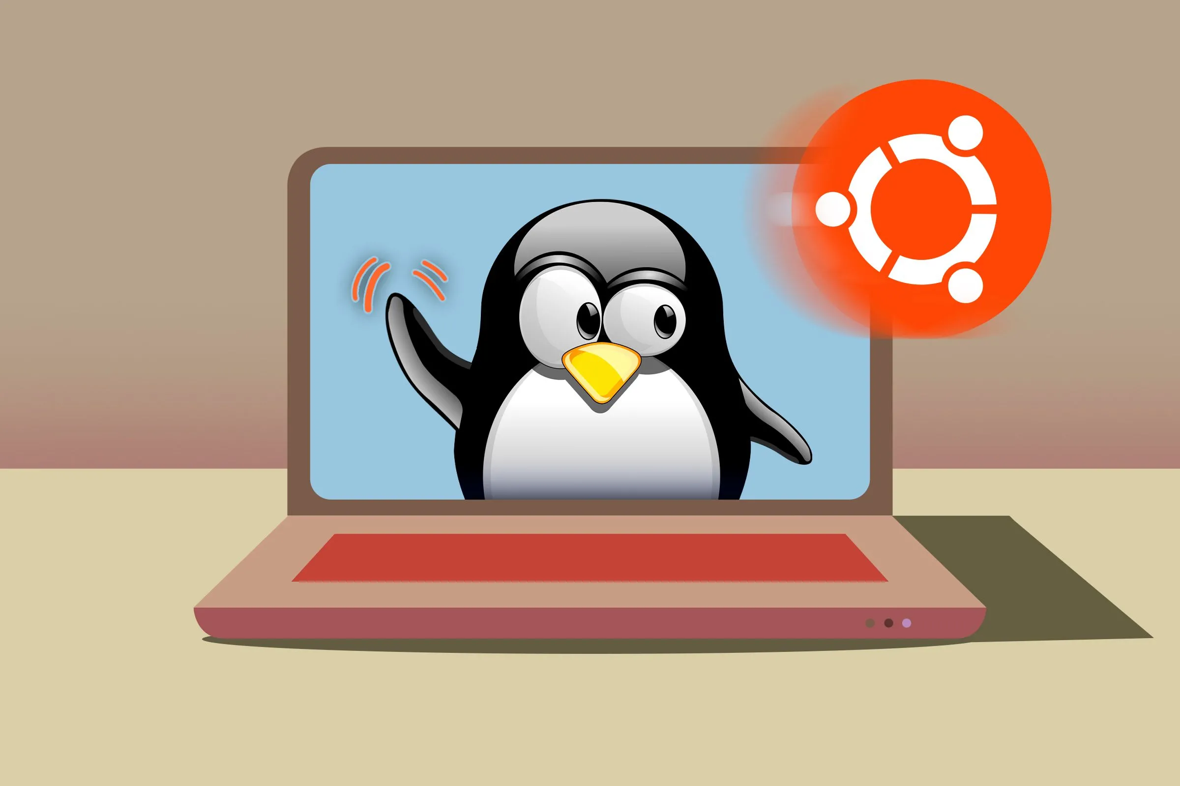 Laptop với linh vật Tux vẫy tay chào tạm biệt logo Ubuntu