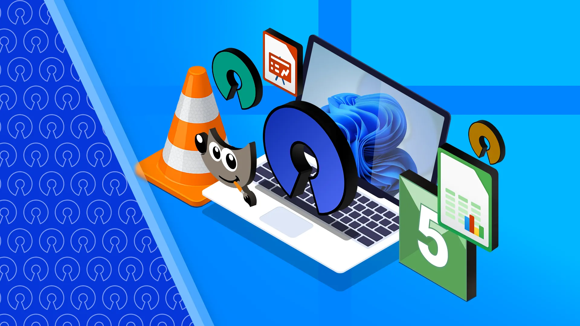 Laptop Windows 11 và biểu tượng các ứng dụng nguồn mở