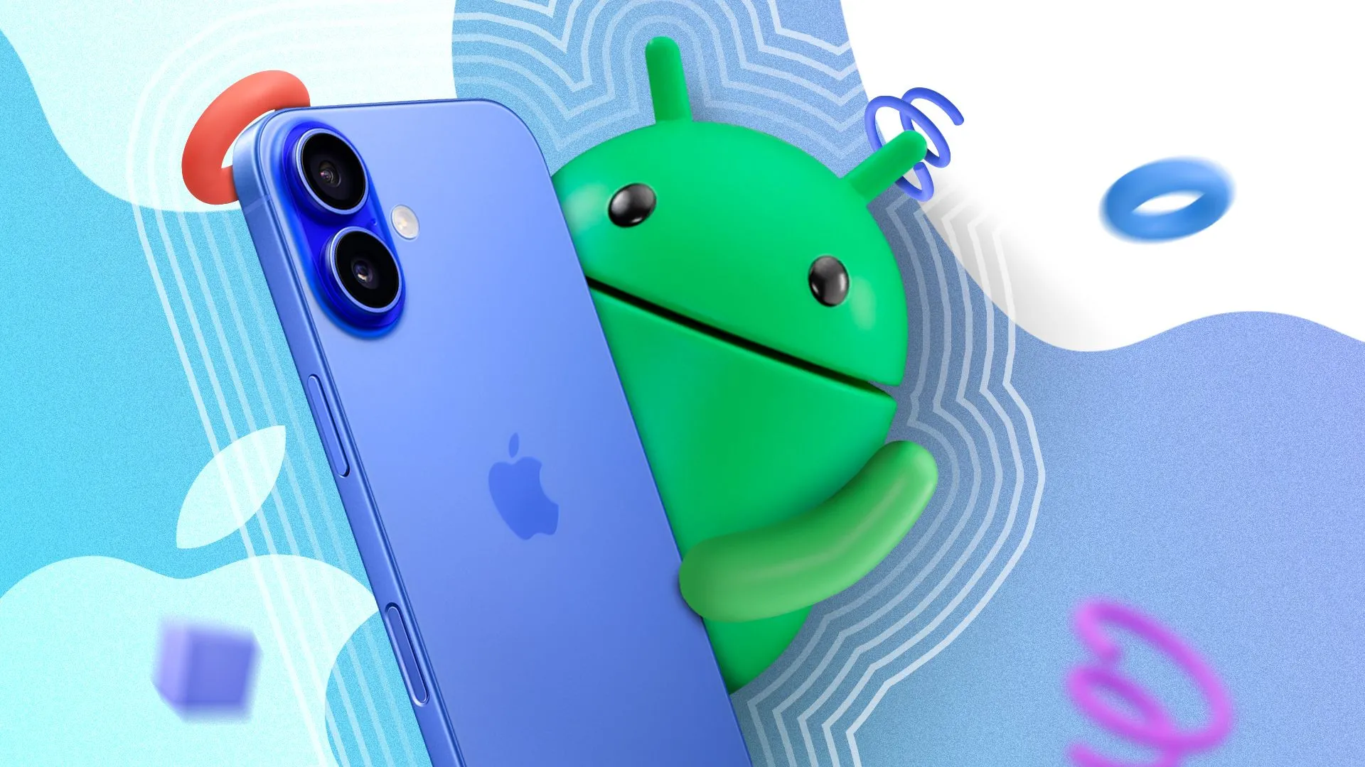 Linh vật Android đang cầm một chiếc iPhone 16