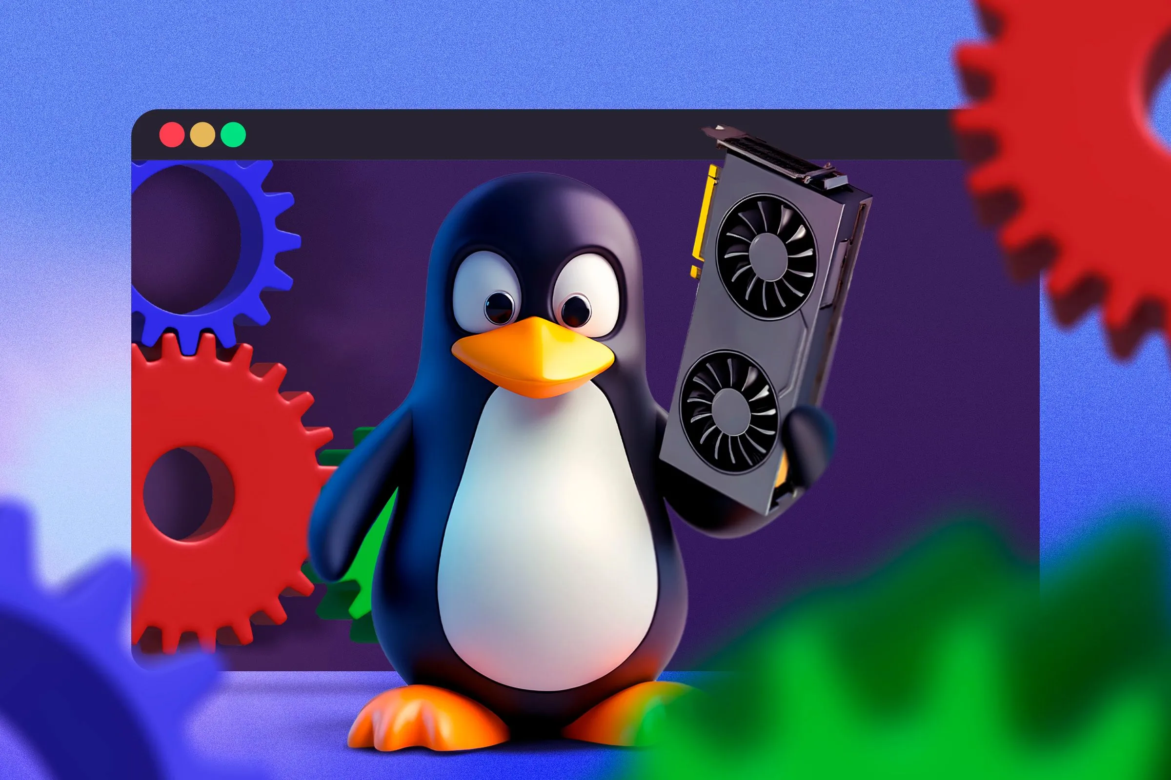 Linh vật Linux cầm GPU với một số bánh răng ở nền