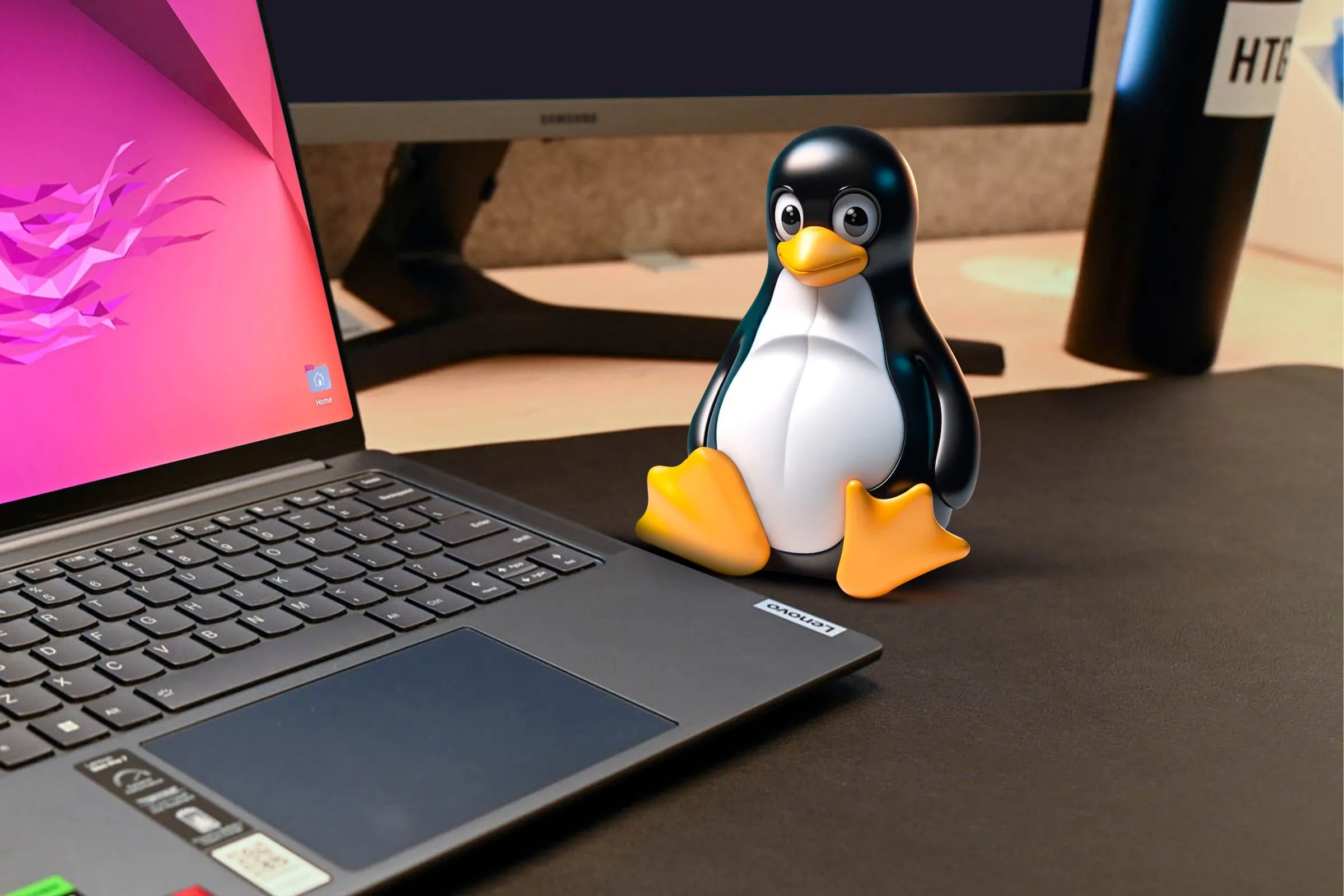 Linh vật Tux của Linux cạnh một chiếc laptop, tượng trưng cho trải nghiệm người dùng Linux thân thiện và khả năng sử dụng hàng ngày của hệ điều hành này.