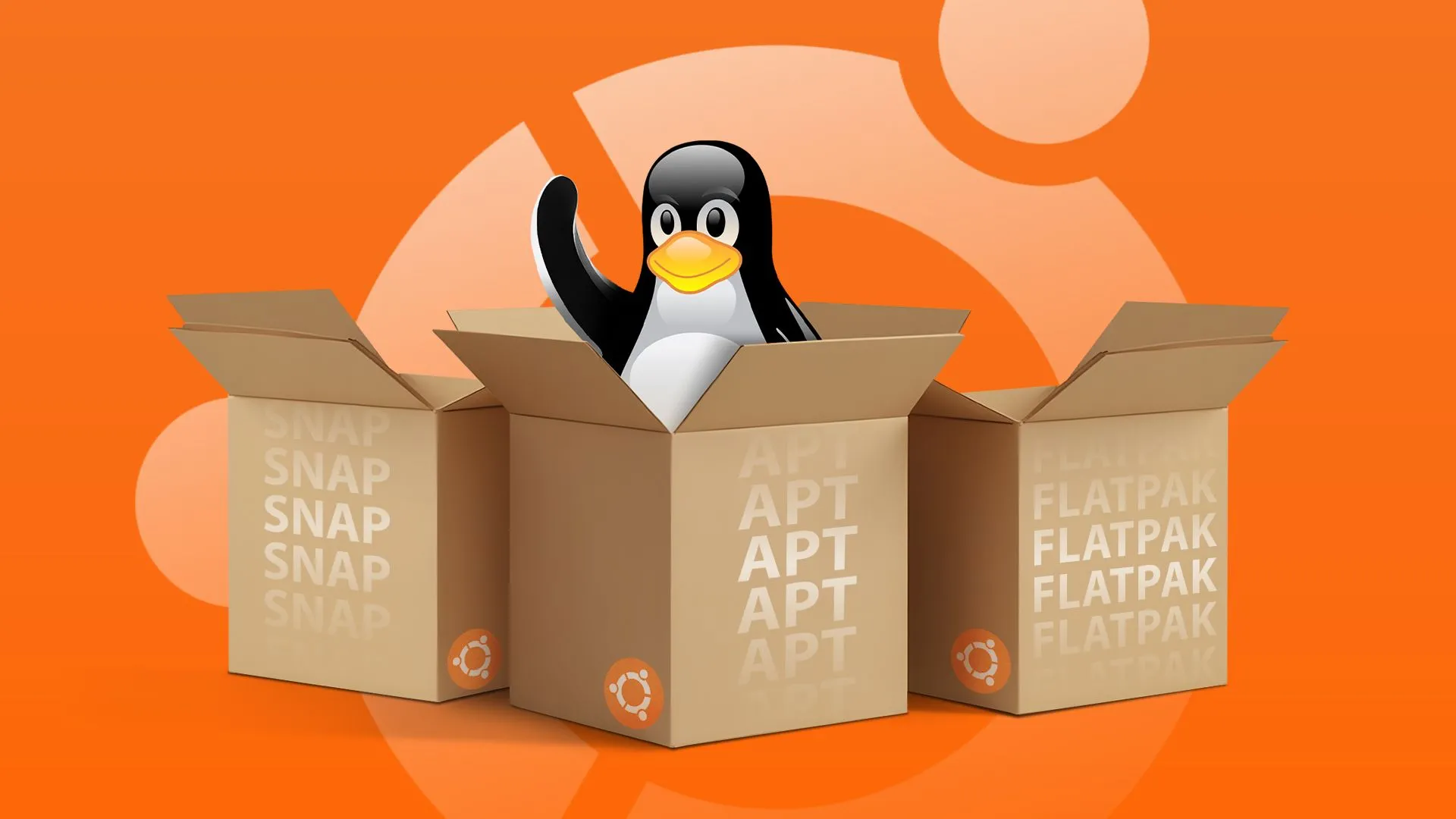 Linh vật Tux của Linux trong hộp, cùng với các hộp khác và logo Ubuntu mờ, tượng trưng cho sự đa dạng của các trình quản lý gói trên Linux như APT, Snap và Flatpak.