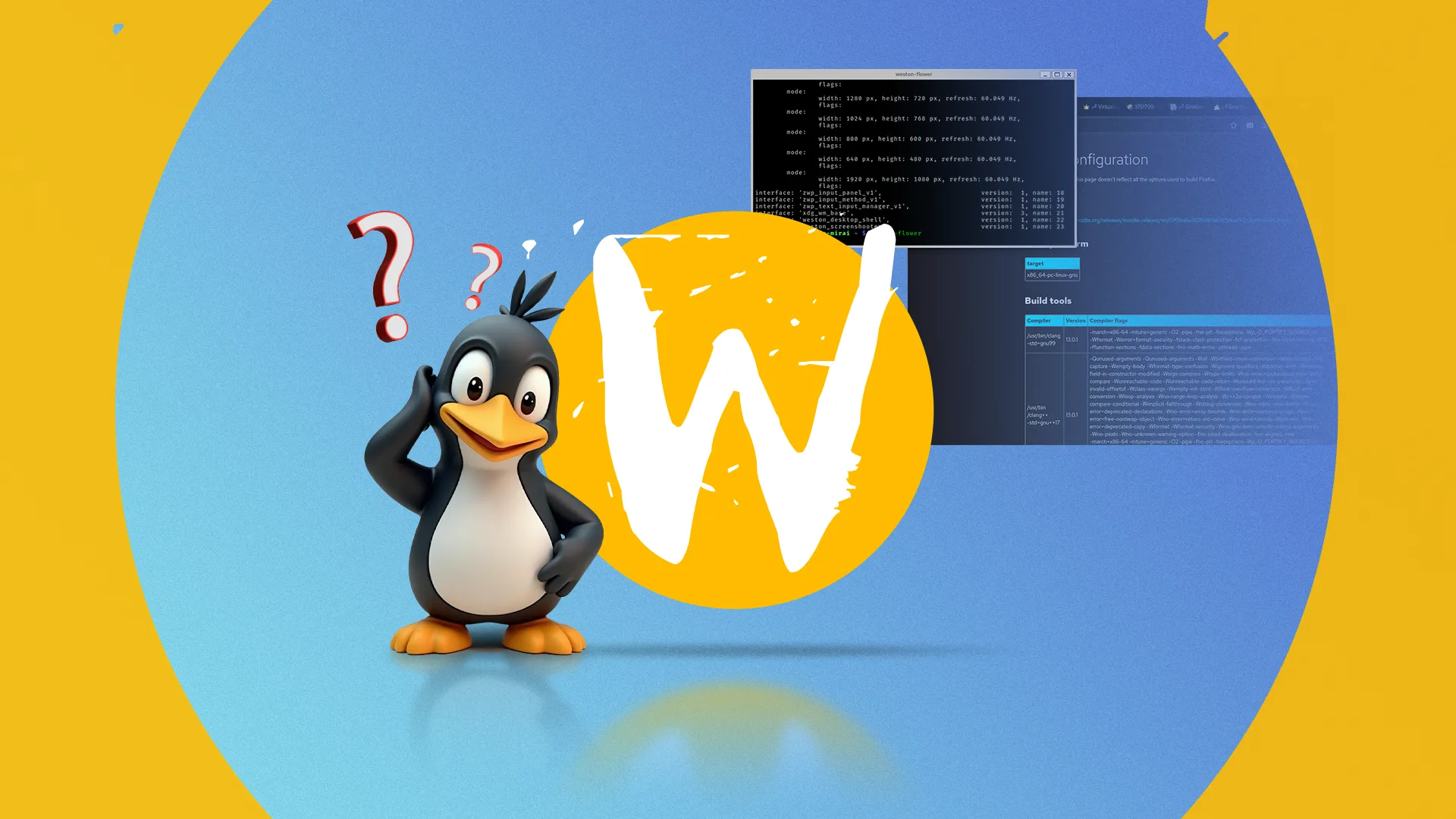Logo Wayland với linh vật Linux trông bối rối bên cạnh.