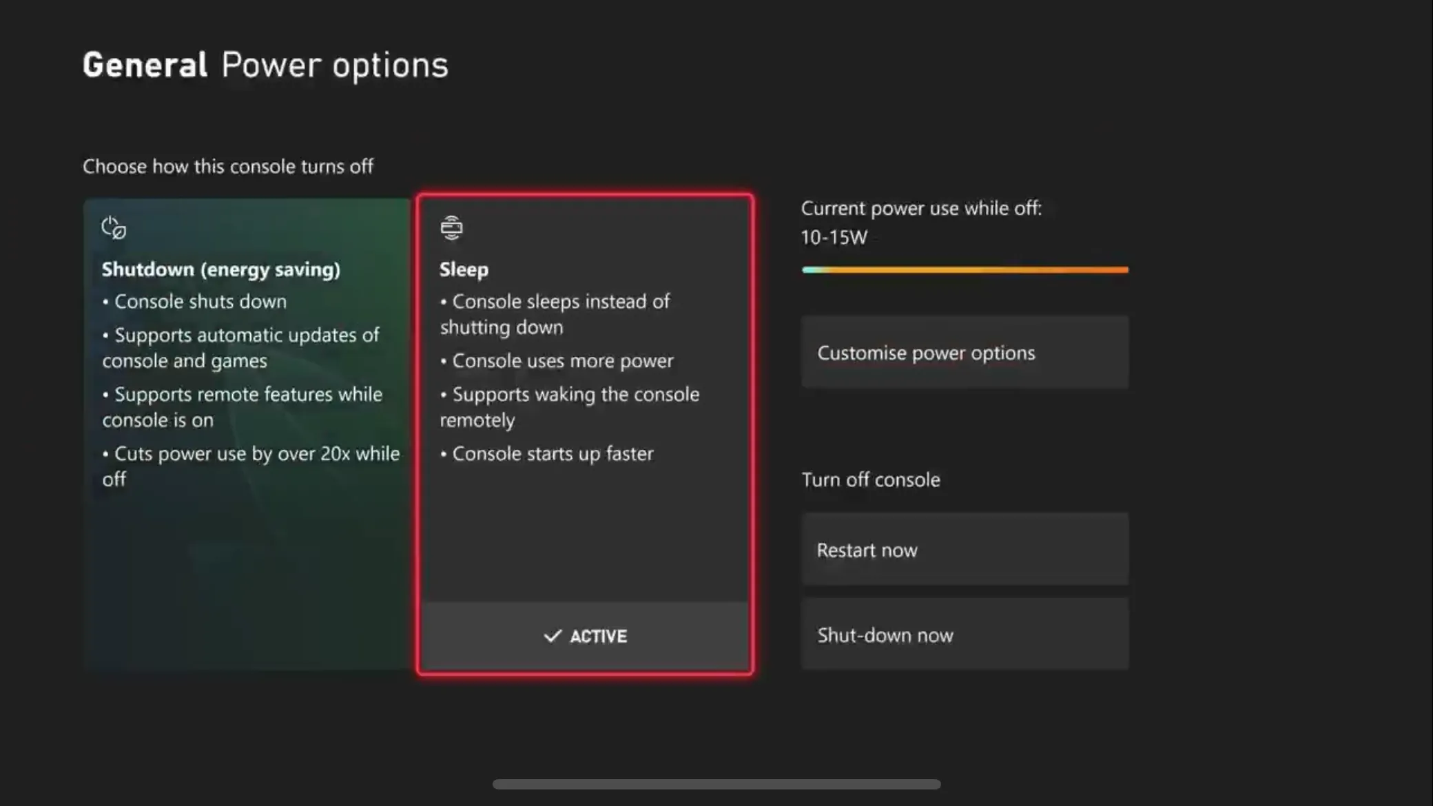Lựa chọn giữa chế độ Tắt hoàn toàn (Shutdown) và Chế độ ngủ (Sleep) trong cài đặt nguồn Xbox.