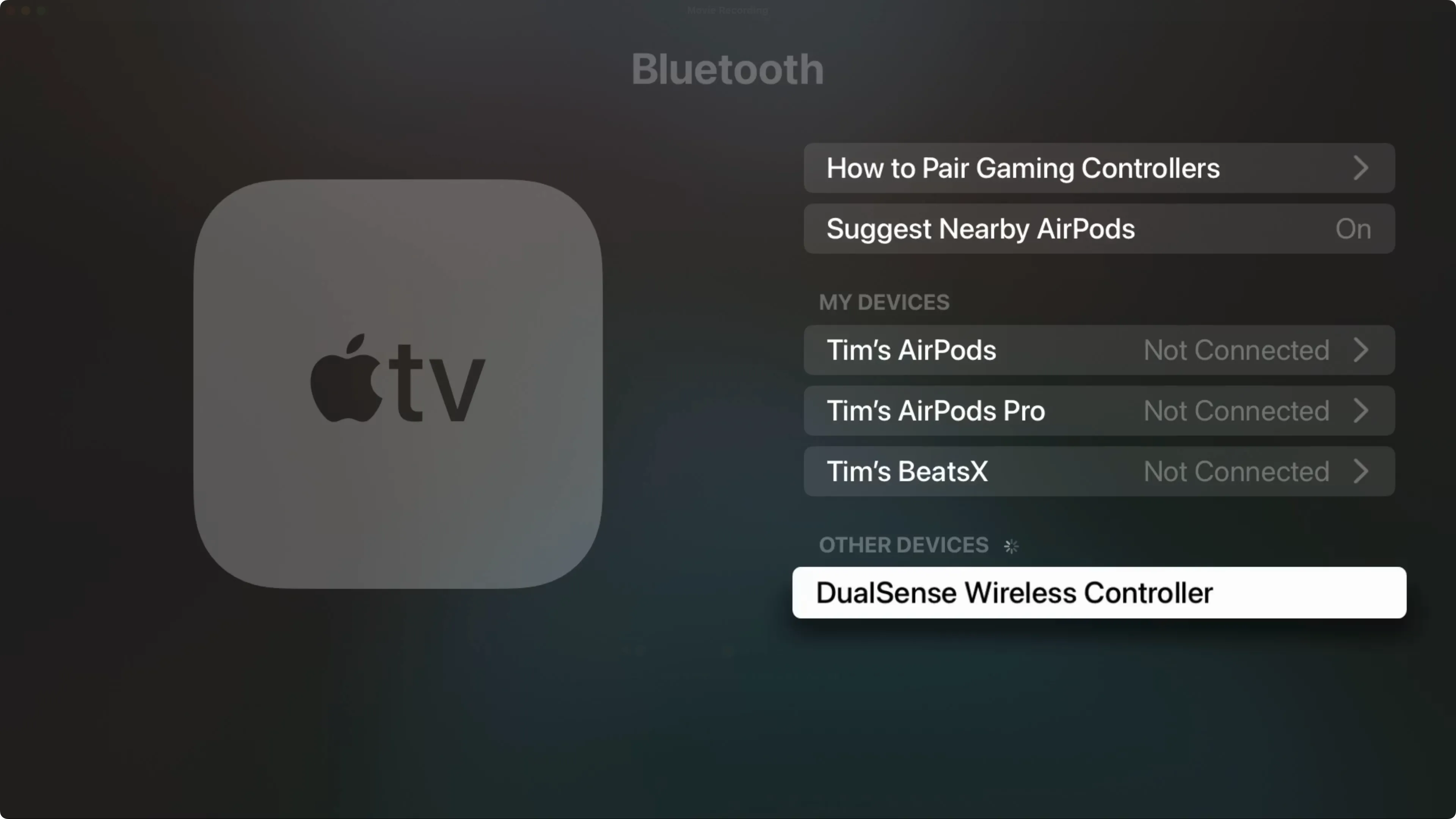 Màn hình cài đặt Apple TV hiển thị trạng thái kết nối tay cầm DualSense, tối ưu trải nghiệm chơi game