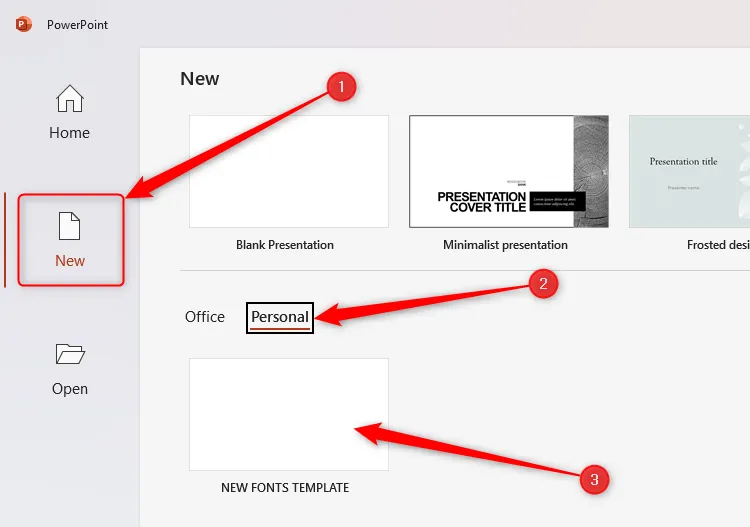 Màn hình chào mừng của Microsoft PowerPoint với mẫu cá nhân hóa có tên &quot;new fonts template&quot; được chọn trong phần Personal của menu New