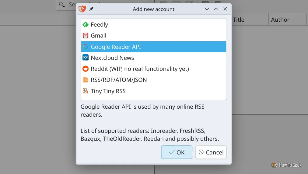 Màn hình chọn API Google Reader trong RSS Guard, hướng dẫn người dùng cấu hình kết nối với FreshRSS.