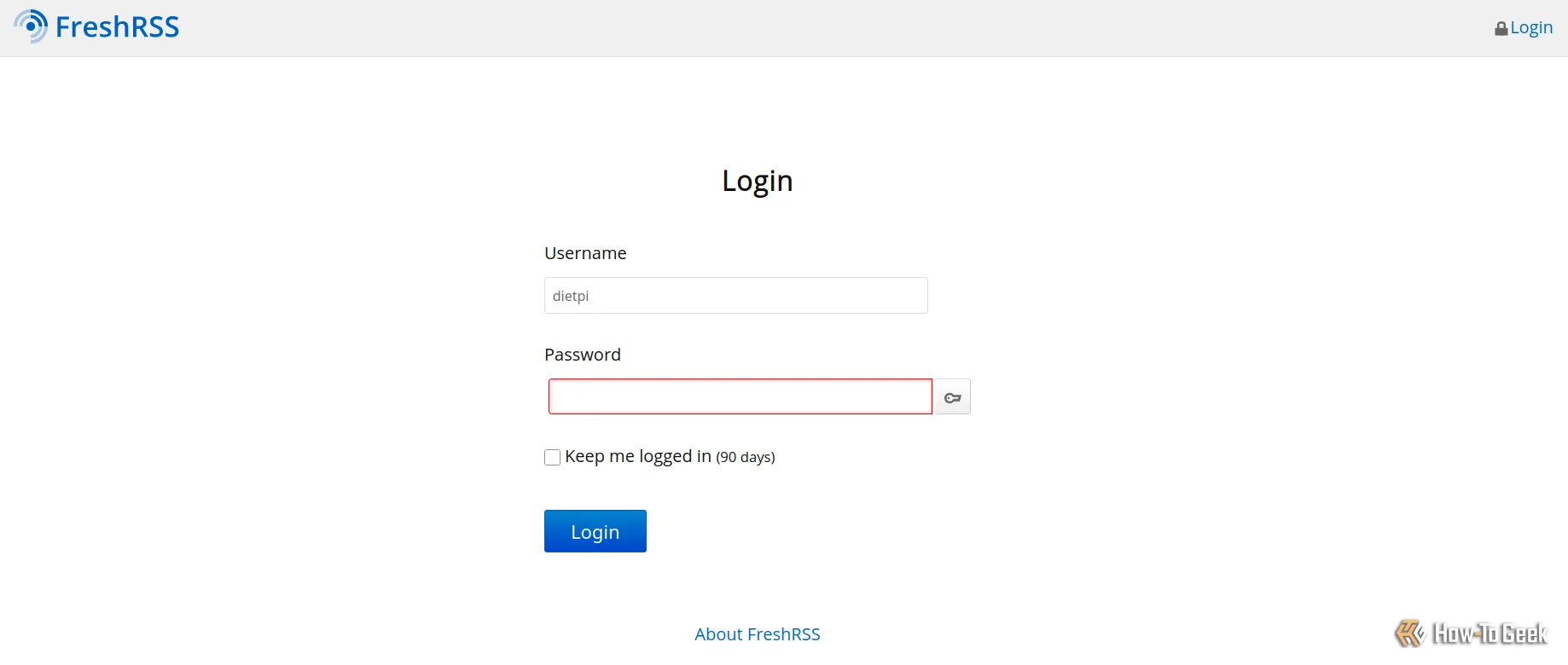 Màn hình đăng nhập FreshRSS hiển thị trong trình duyệt web, nơi người dùng nhập thông tin đăng nhập.