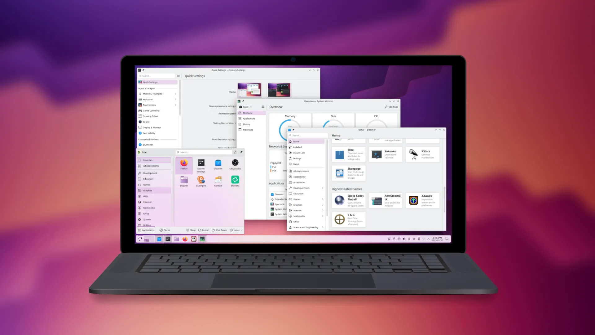 Màn hình desktop KDE Plasma trên máy tính xách tay với nền màu tím và vàng gradient.