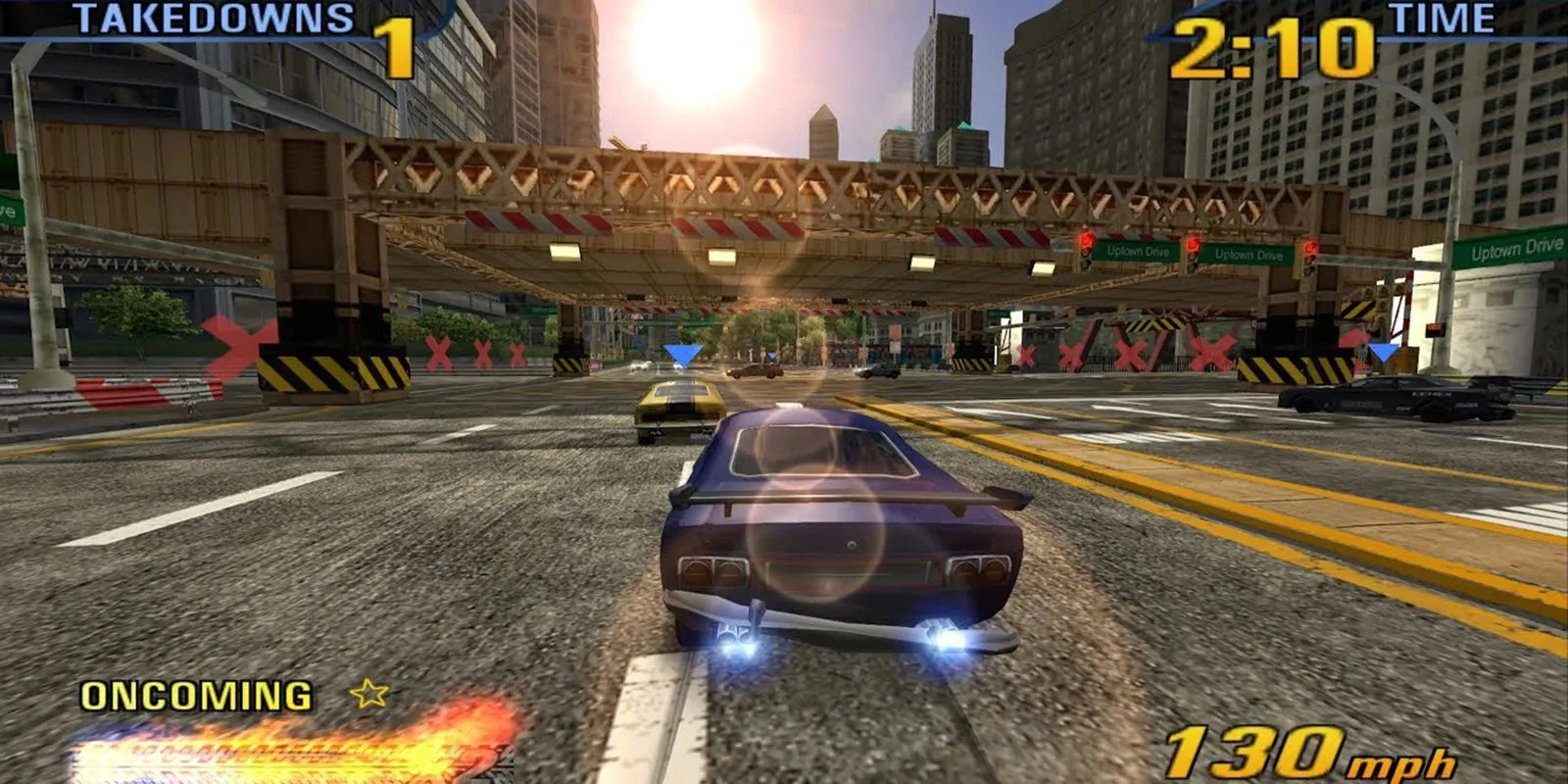 Màn hình gameplay của Burnout 3 với giao diện và xe đua đang tăng tốc.