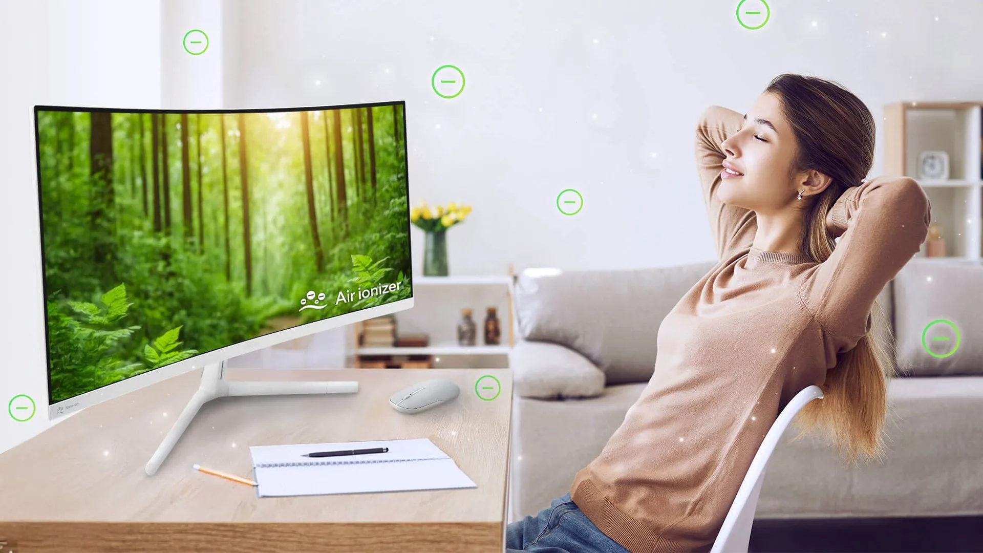 Màn hình máy tính ASUS với công nghệ ion hóa không khí, hiển thị biểu tượng làm sạch