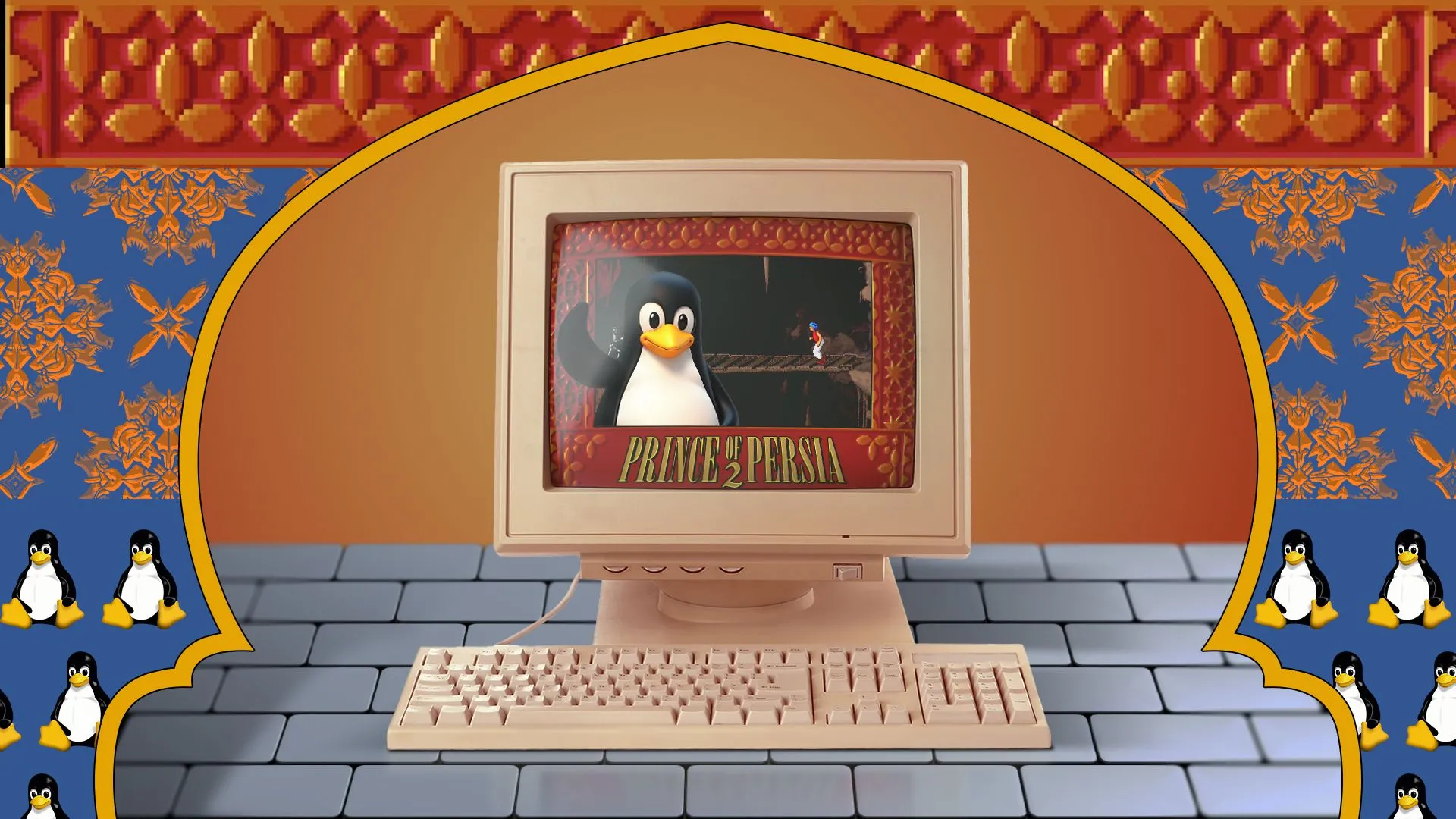 Màn hình máy tính cũ chạy game Prince of Persia 2 với linh vật Linux, gợi nhớ về thời kỳ đầu khi Linux desktop còn phức tạp và đòi hỏi nhiều kiến thức chuyên môn hơn.