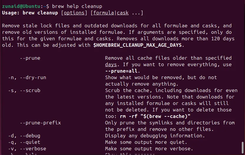 Màn hình terminal Linux hiển thị thông tin trợ giúp chi tiết cho lệnh 'brew cleanup', minh họa tính năng hỗ trợ người dùng mạnh mẽ của Homebrew.