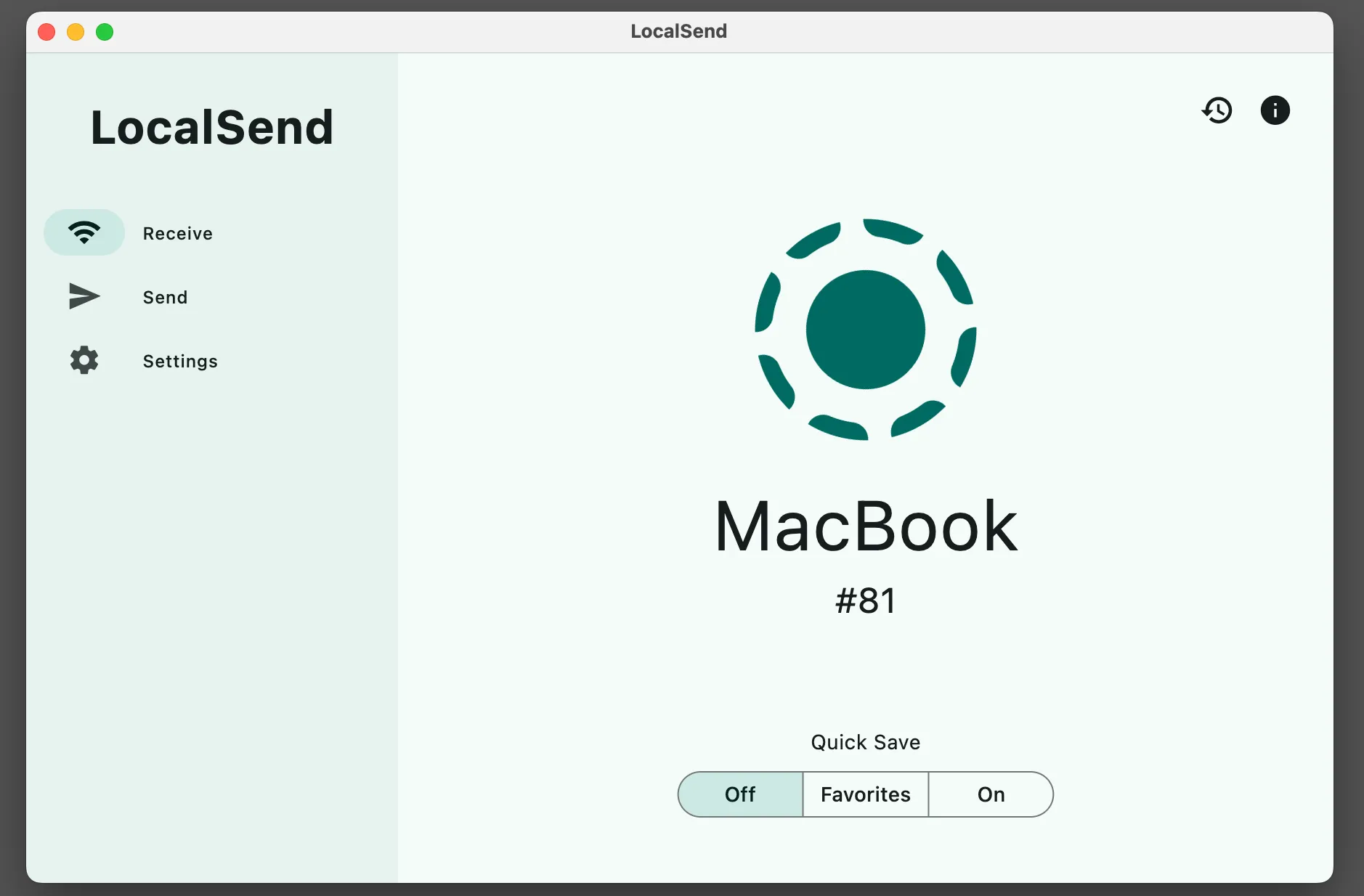 Màn hình ứng dụng LocalSend trên macOS, hiển thị tùy chọn gửi và nhận tệp giữa các thiết bị trên cùng mạng.