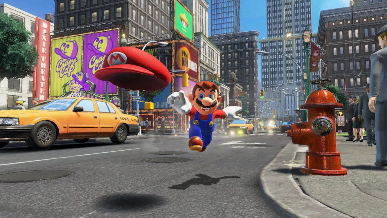 Mario cùng mũ Cappy trong một thế giới mở rộng lớn của Super Mario Odyssey trên Nintendo Switch, minh họa cơ chế biến hình độc đáo.