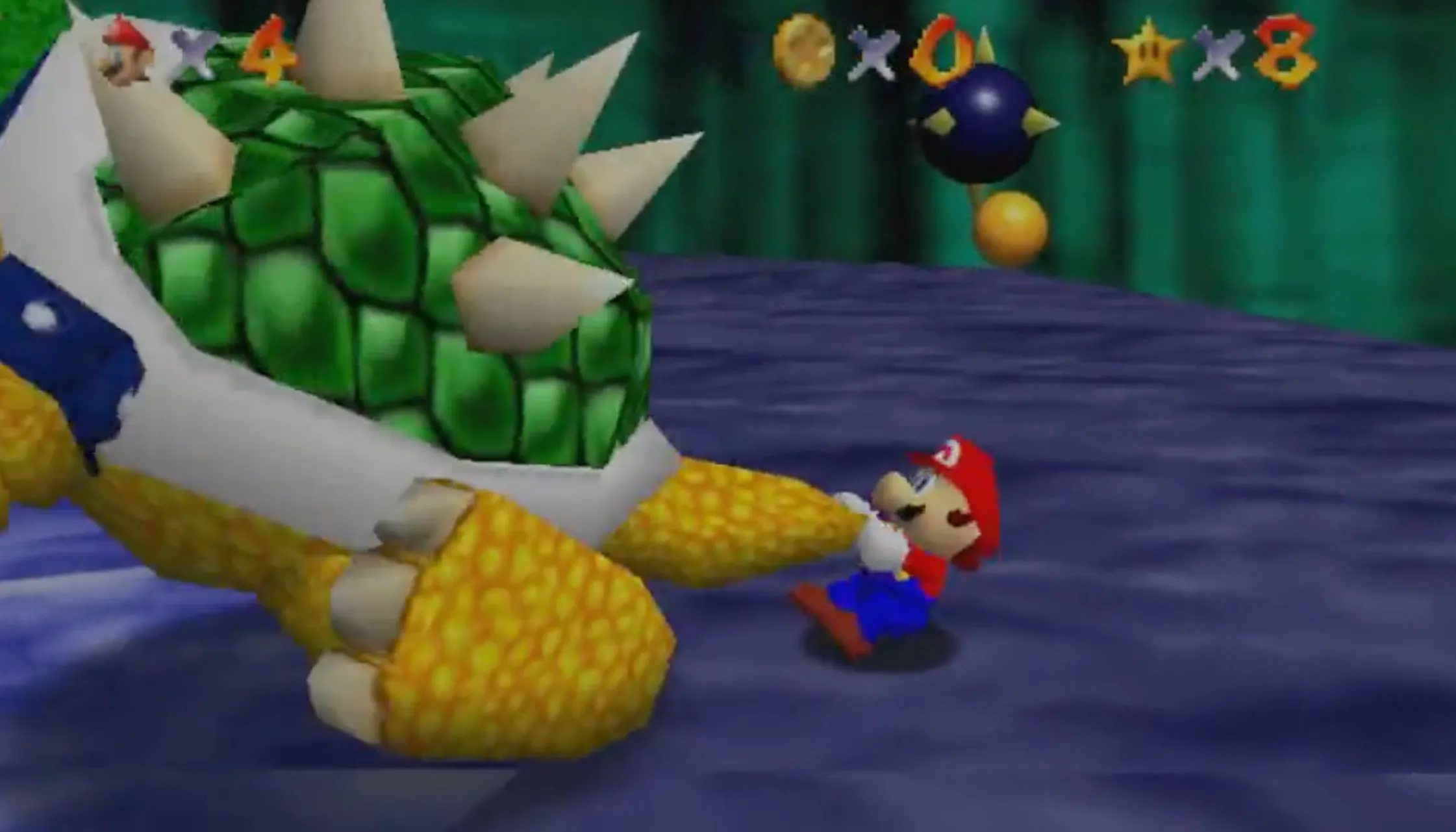 Mario đang quay tròn Bowser trong một màn chơi mang tính biểu tượng của Super Mario 64 trên N64, thể hiện lối chơi 3D tiên phong.